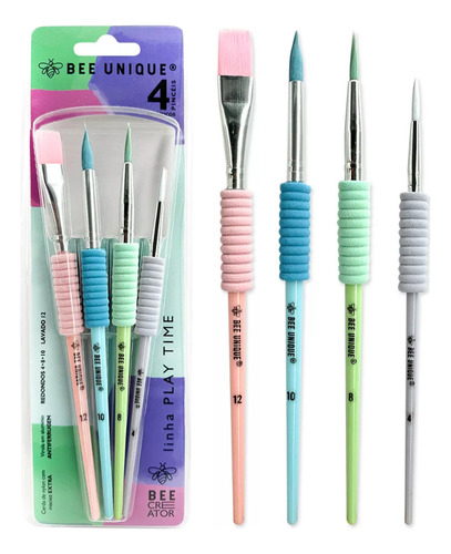 Kit 4 Pincéis Artísticos Play Time Bee Unique Tons Pastel