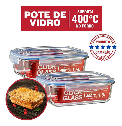 Kit 2 Potes De Vidro 100% Herméticos 1,5l Click Glass PV Cor Transparente
