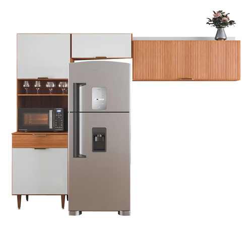 Armário de Cozinha Completa 4 Portas Ripado 3D 1 Gaveta Nicho Para Micro Ondas Madeirado/Off White Vitória Batrol