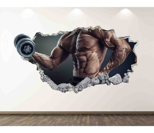 Vinilo 3d Pared Rota Hombre Pesas Fitness Decoración Gym