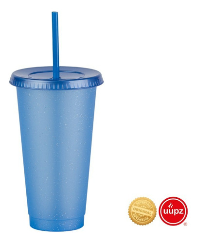 10 Vasos Reusables Con Popote Para Cafe Frio 24 Oz Color Azul Glitter Translucido