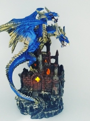 Enfeite Resina Dragão Azul Led 26cm Castelo Tesouro 