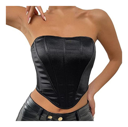 Top Corto Sexy Con Cuello En V Negro Mujer Slim Sin Mangas +