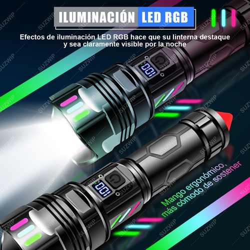 SUZWIP Lámpara Táctica 300000lm 4 En 1 Con Power Bank Y RGB LED USB Recargable Lámpara Linterna 5 Modos Negro Ultra Potente luz Impermeable Portátil