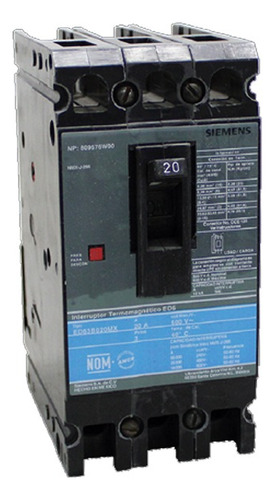 Interruptor Termomagnético Ed6 600v 3x20a Siemens Ed63b020mx Color Gris