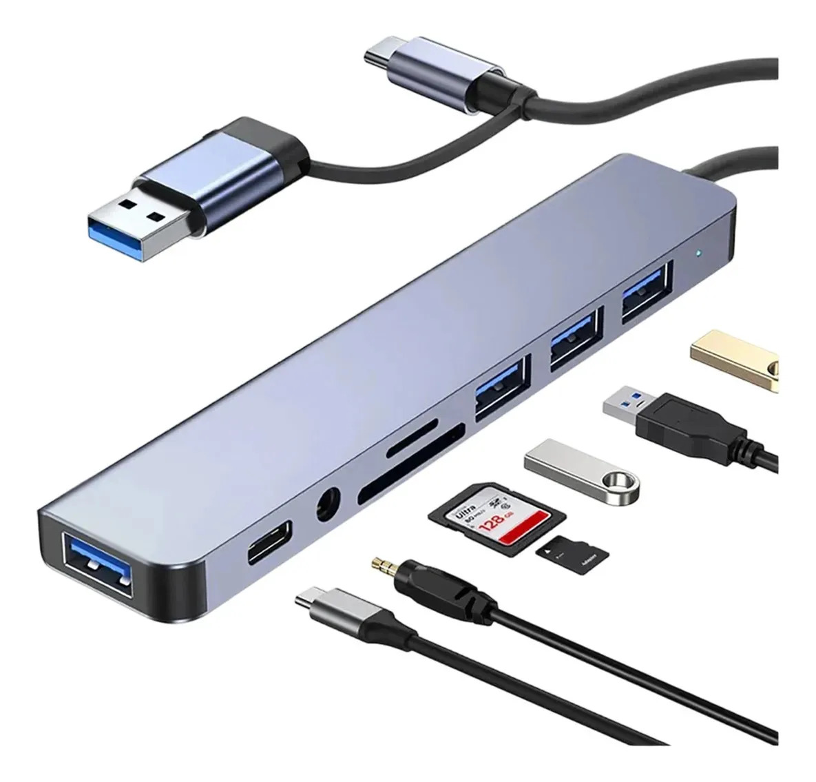 Hub 8 En 2 Puertos Usb C/usb2/3/sd/tf/jack Mac Notebook Pc Color Gris