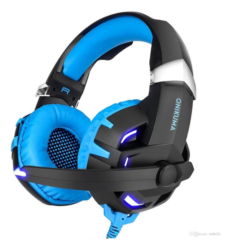 Fone de ouvido over-ear gamer Onikuma K2 black e blue com luz LED