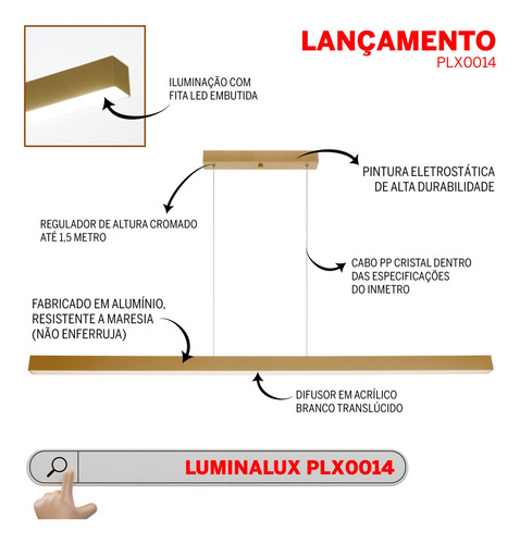 Pendente Luminalux 1m Plx0018 Com Led Integrado 3m De Cabo Estrutura Dourado