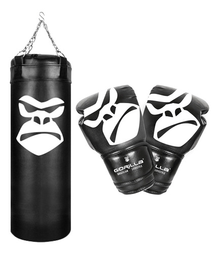 Kit Preimum Saco De Pancada + Luva De Boxe Muay Thai Gorilla Cor Preto