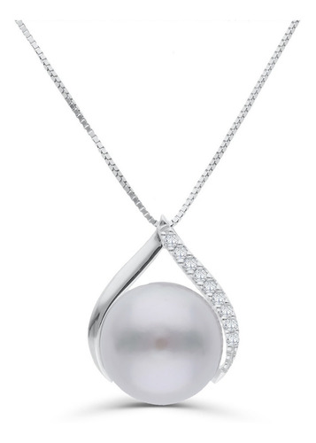 Dije Bizzarro Con Cadena Oro Blanco 14k Con Zirconia Y Perla