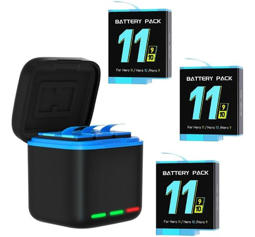 3 Baterías 2000mah + Cargador Para Gopro Hero 9 10 11 12