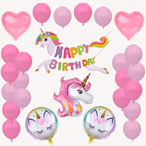 Globos Decorativos Fiesta De Cumpleaños Rosa Niña Unicornio