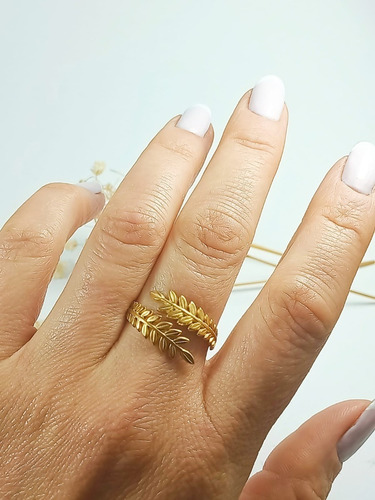 Imagen 4 de 10 de Anillo Ajustable Espiga Dorada Hoja Enchapado En Oro 18k