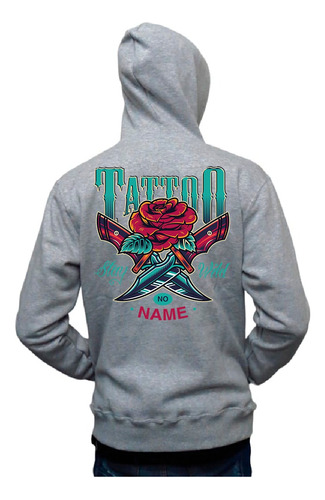 Campera Frizada Con Capucha No Name Tattoo Rose Gris Melange