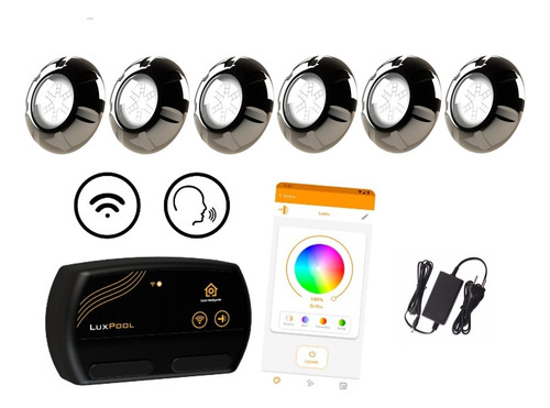 Kit Led Piscina Com Módulo Wifi + 6 Leds Rgb 9w Inox + Fonte
