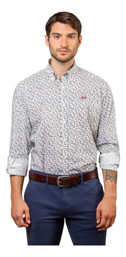 Camisa La Martina Ftsia Manga Larga Flores Blanca Hombre