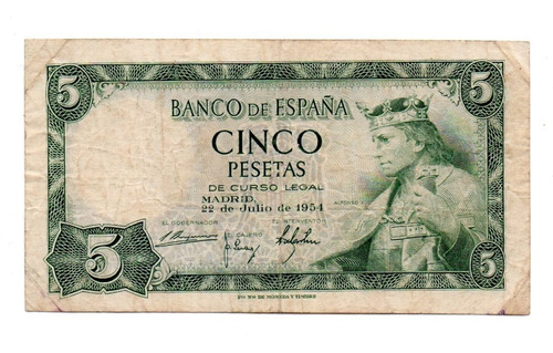 España Billete 5 Pesetas Año 1954 P#146 Alfonso X