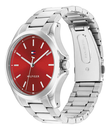 Reloj Tommy Hilfiger Hombre 1710677 Casual Malla Plateado Bisel Plateado Fondo Rojo