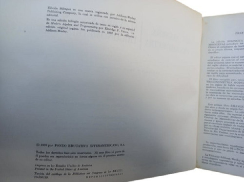 Libro Algebra Trigonometría Modernas Bilingue Año 1970 (Usado)