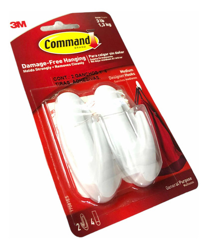 Pack 2x Gancho Mediano Multiusos 3m Command Cuelga Sin Dañar