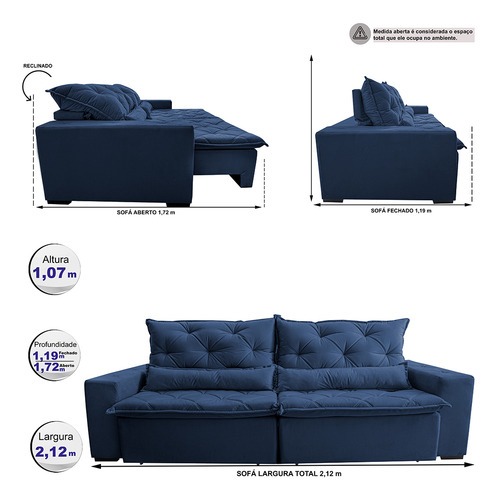 Cama InBox Sofá Lisboa 2,12m Retrátil Reclinável com Molas no Assento Tecido Suede Velusoft Azul