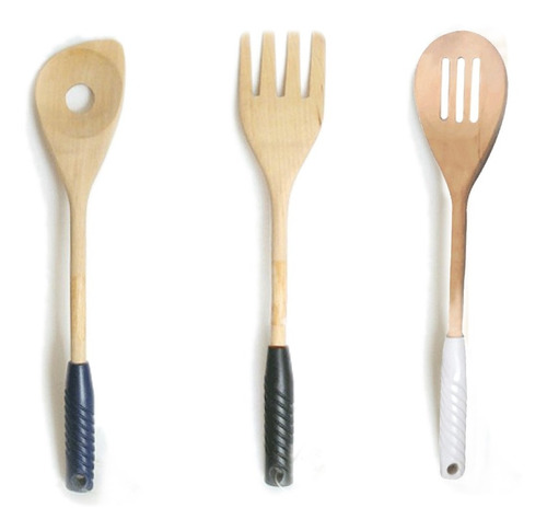 Set Juego 3 Utensilios Tenedor Cuchara Servidor Madera