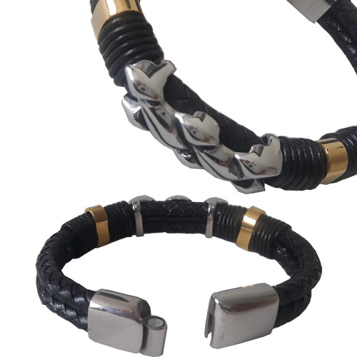 Pulseira Masculina Em Couro E Aço Fecho Imã Modelo Fashion