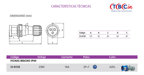 Conector Industrial Macho 220v 16a 2p+t Ip44 Tbcin