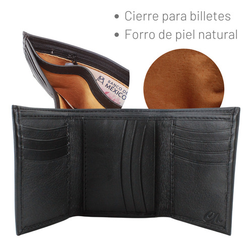 Cartera Hombre Piel Triple Cierre Interno Grabado Láser Negro