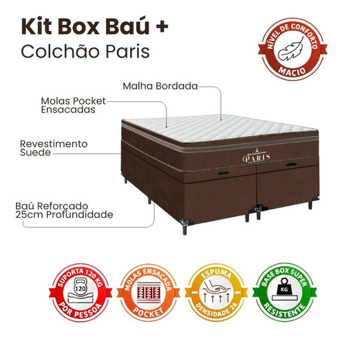 Cama Box Baú Queen Bipartido + Colchão Paris Molas Ensacadas