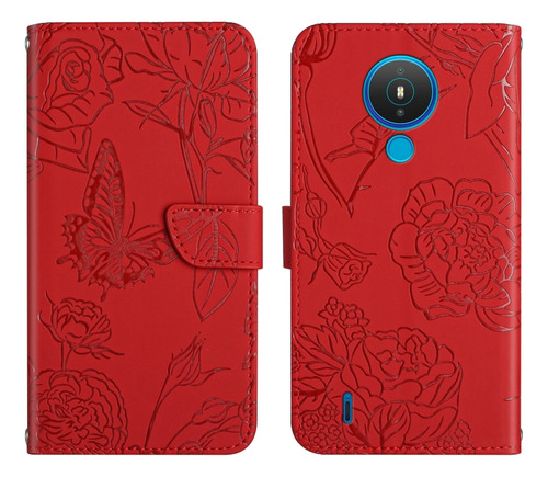 Funda De Piel Estampada Con Peonía Y Mariposa Para Nokia 1.4