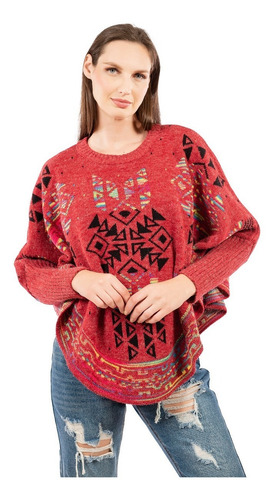 Imagen 2 de 4 de Poncho Loana Estilo Capa Étnica Multicolor Con Puños