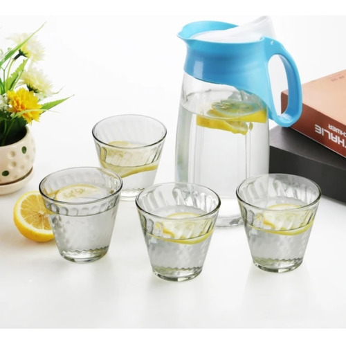 Jarra De Vidrio Con Tapa + 4 Vasos De Vidrio 22cm Bebidas