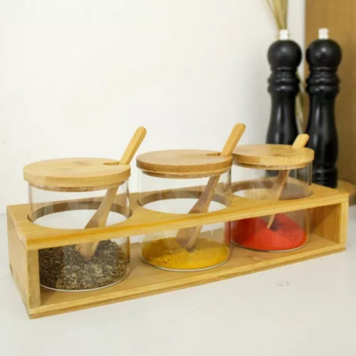 Kit 3 Porta Temperos 300ml De Vidro Com Tampa, Colher E Base Decorativa De Bambu