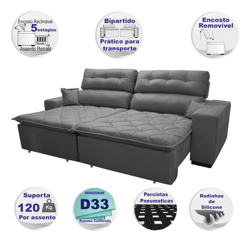Sofá 2,22m Retrátil E Reclinável Cama Inbox Confort Cinza