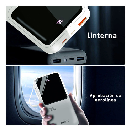 Mtk Power Bank Batería Portátil Cargador Td2148 12000mah Con Built In 2 Cables Lightning Tipo C Con Pantalla Digital Accesorios Para iPhone Samsung Xiaomi Etc Color Blanco