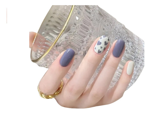 24 Pz Uñas Postizas Colore Mixtos Lila Lunares Corazon Amor Lila Lunares Corazon
