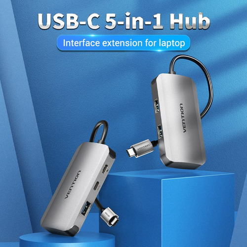 Hub USB Multipuerto Vention - 5 en 1 - Usb C + 3 Puertos Usb 3.0 + USB C + Power delivery USB C 100W - Carcasa Aluminio - 15 CM - Premium Para Teclado / Disco rigido / Mac / Laptop - TNDHB