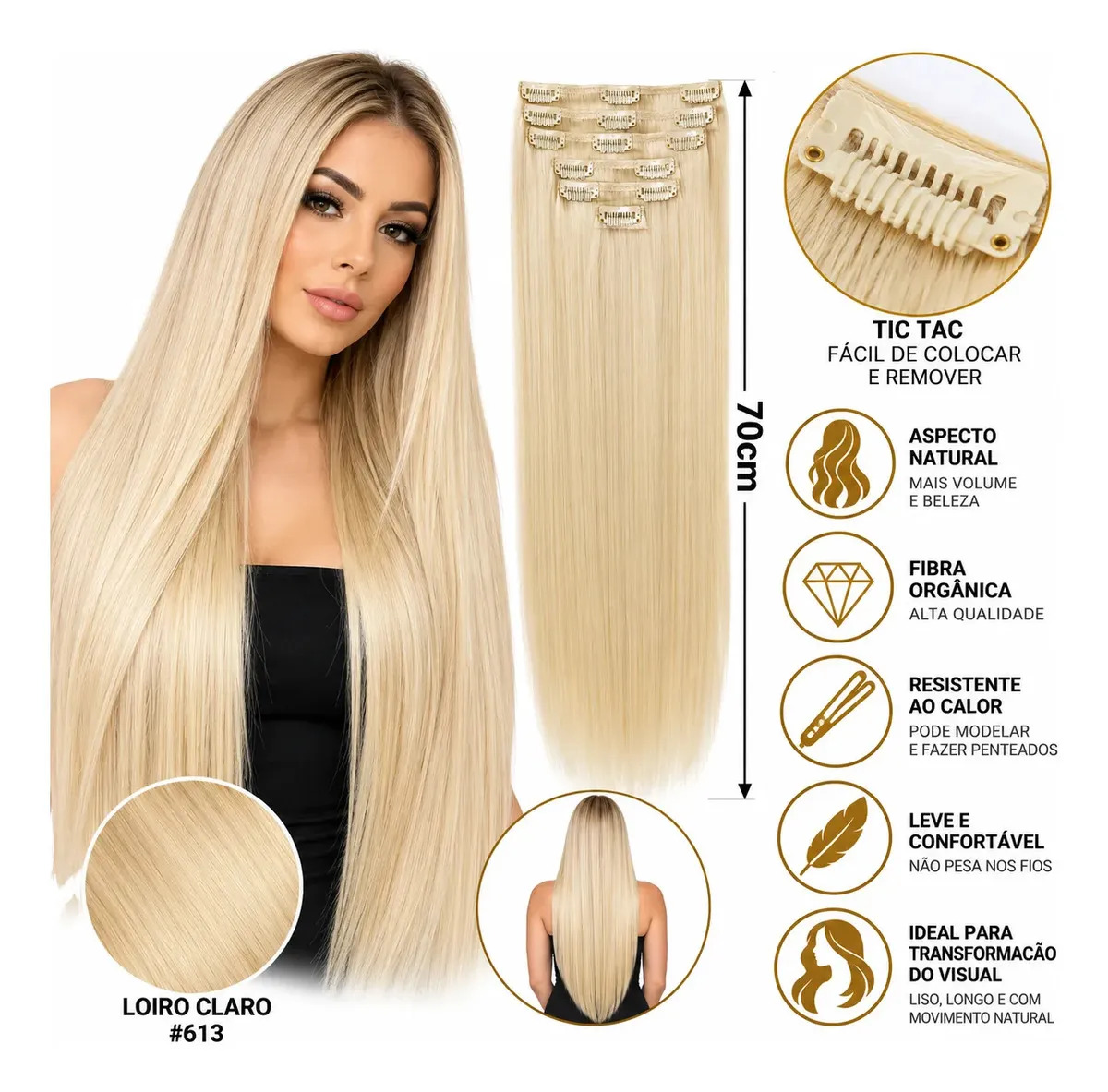 Aplique Tic Tac Cabelo Orgânico 70cm Loiro Claro #613 Liso Ondulado
