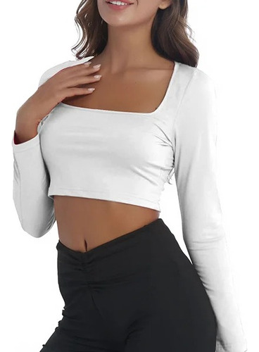 Blusa Manga Larga Cuello Cuadrado Crop Top Cómodo Para Dama