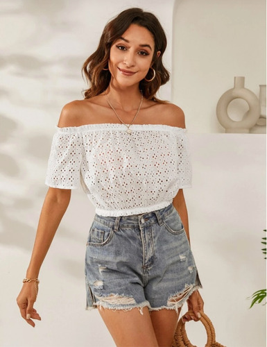 Blusa De Algodón Bordado Hombros Descubiertos Con Resorte