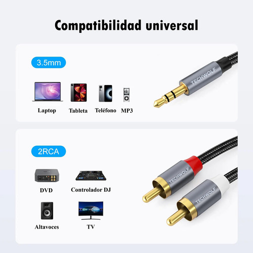 Cable De Audio Auxiliar 3.5mm A 2 Rca 1.2m Techwolf, Cable Rca Audio Auxiliar Jack 3.5 Mm Color Gris Para Teléfonos, Mp3, Tabletas, Parlantes, Tv Inteligente Y Pc