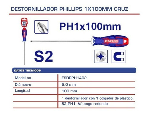Imagen 2 de 4 de Destornillador Phillips 1x100mm Cruz