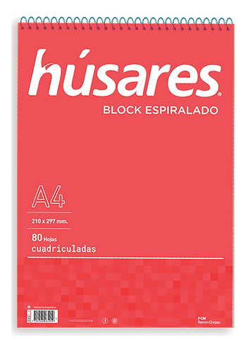 Block A4 Husares Espiralado 80 Hojas Liso Rayada Cuadriculad