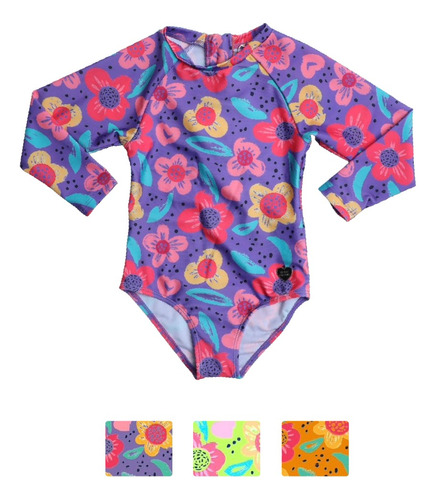 Traje De Baño Entero Para Bebes Manga Larga De Flores 6m-24m