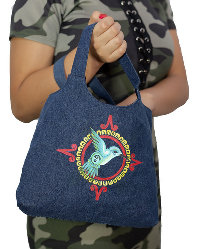 Bolso Cuadrado De Mano De Retazos De Mezclilla Colibrí (Reacondicionado)
