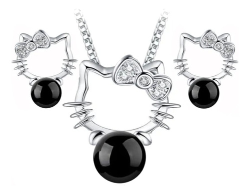 Conjunto De Collar Y Aros Helloo Kitty Plata Fina 925