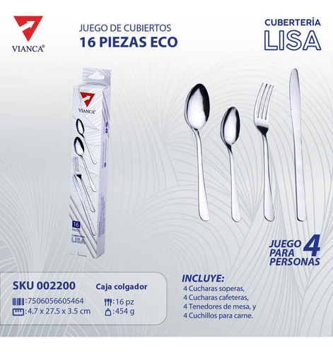 Juego De Cubiertos 16 Pz. Vianca Colección Lisa Color Pulido brillante