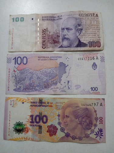 Lote 3 Billetes $100, Seríe A, Uno C/ Leyenda 