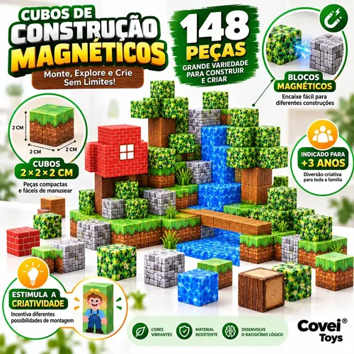 Kit 192 Blocos Magnéticos Construção Imã Tipo Minecraft My World De Montar Empilhamento Cubo Infantil Brinquedo Educativo Covei Toys - Brinquedo Educativo Covei Toys